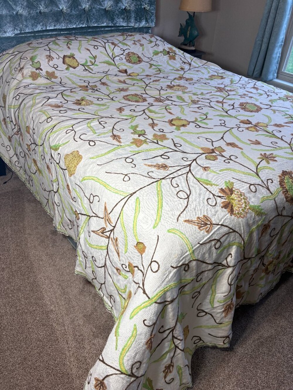 Vintage Handmade Crewel Embroidered Bedspread 114 x 107 inches